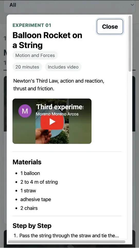 Experiment card with video and materials